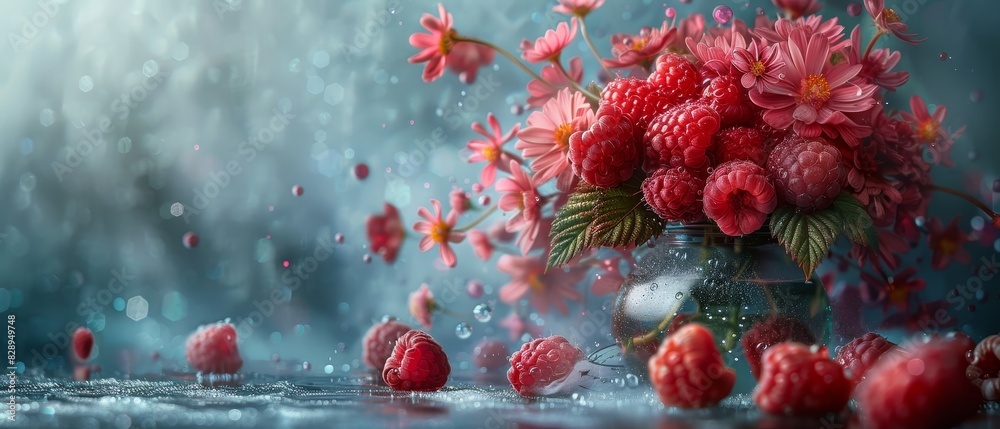 Surreal arrangement of a raspberry bursting out of a vase, with a melting clock draped over it, dreamlike scene Surreal arrangement of a raspberry bursting out of a vase, with a melting clock draped over it, dreamlike scene