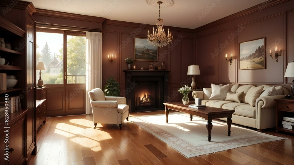 Fototapeta premium Elegant living room with a comfortable fireplace, timeless furniture, and gentle natural light pouring in from tall windows