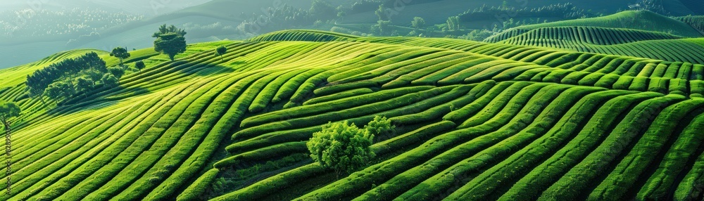 Fototapeta premium Panoramic view of lush green tea plantation fields with rolling hills, vibrant greenery, and scenic landscape under a bright sky.
