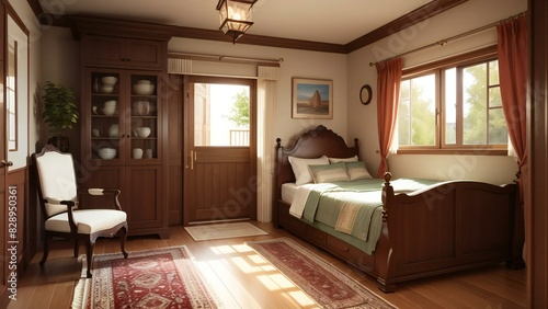 Cozy bedroom with wooden furniture  soft bedding  area rug  and sunlight creating a peaceful atmosphere through open windows