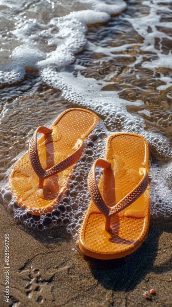 Naklejka premium A pair of bright orange sandals rest on top of a sandy beach