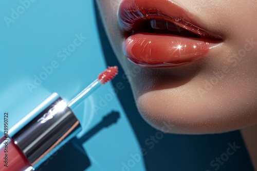 A young woman lips mid gloss application