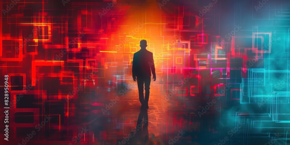 Silhouette of a person navigating through a colorful digital landscape with red and blue neon lights, symbolizing technology and future. Silhouette of a person navigating through a colorful digital landscape with red and blue neon lights, symbolizing technology and future.