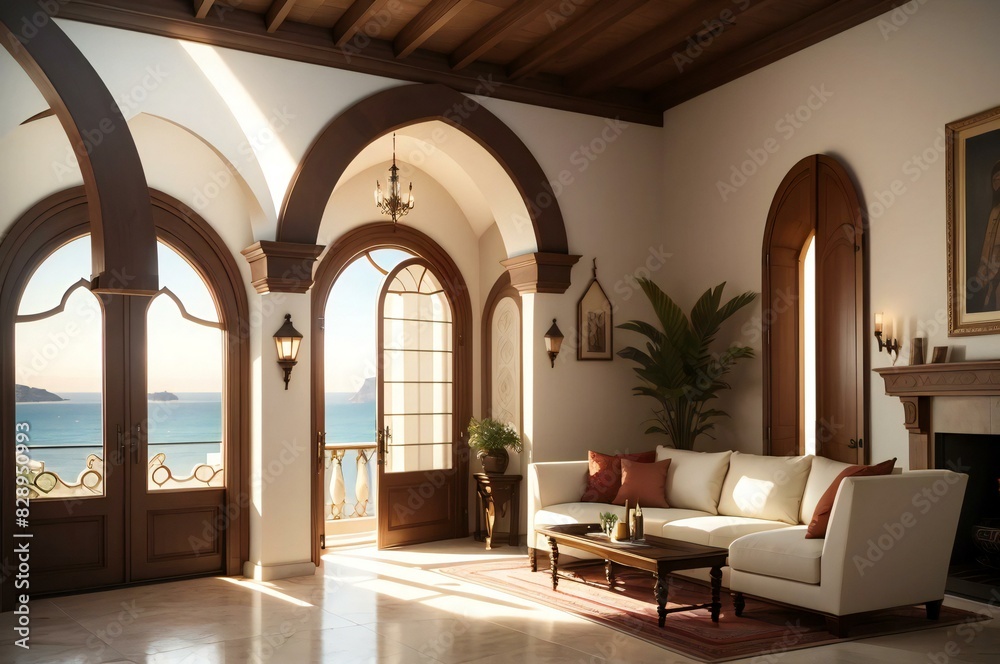 Luxurious living room boasting arch windows, pristine furniture, and a fireplace, with a stunning view of the ocean at golden hour