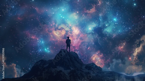 Silhouette of a person standing on a mountain peak, gazing at a vibrant, star-filled galaxy sky, reflecting exploration and wonder.