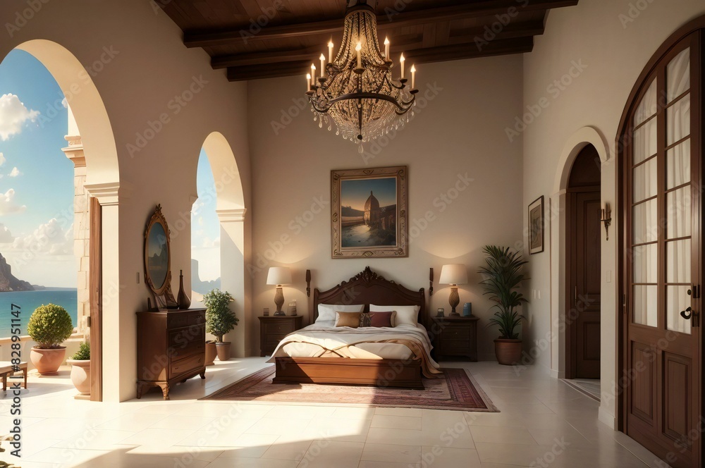 Elegant mediterranean bedroom interior featuring a plush bed, chandelier, archways, and serene ocean view through large sunlit windows