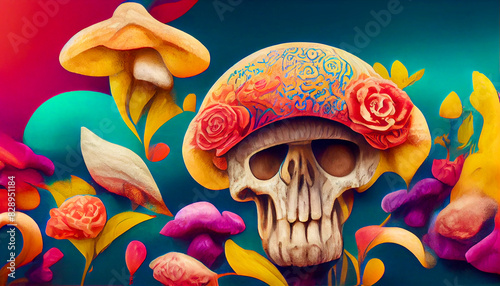 Psychedelic skull and roses photo