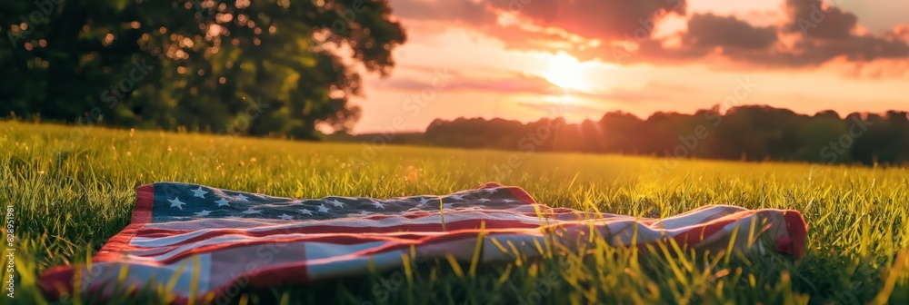 A serene image showing the American flag spread out on the grass with a beautiful sunset in the background