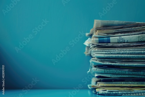 Stack of newspaper on blue background