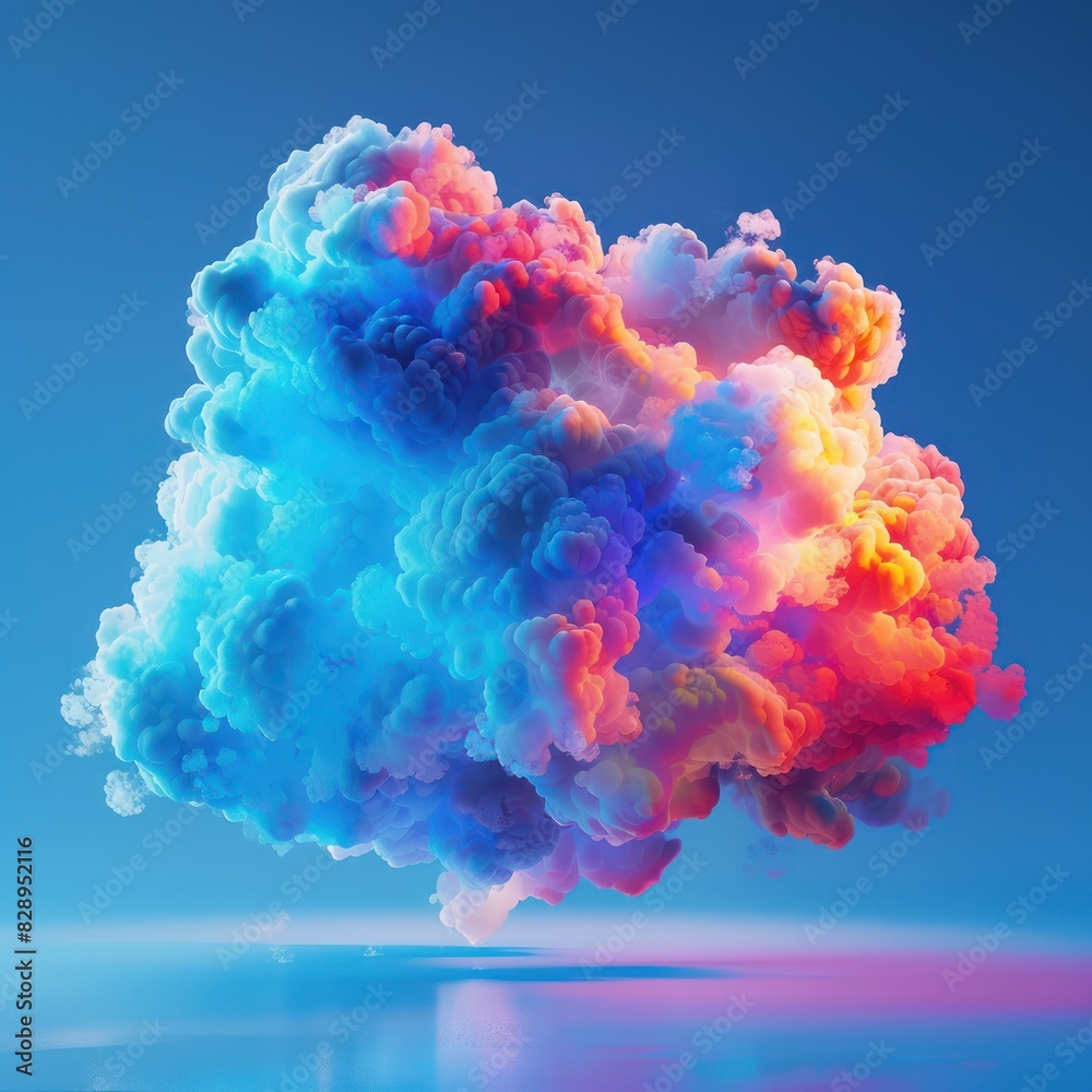 Fototapeta premium Vibrant digital illustration of a colorful cloud in a clear blue sky, showcasing hues of pink, orange, and blue.