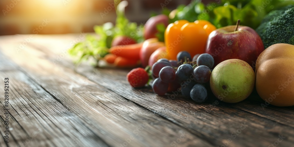 A close-up of various fresh fruits and vegetables laid out on a rustic wooden surface, bathed in natural light A close-up of various fresh fruits and vegetables laid out on a rustic wooden surface, bathed in natural light