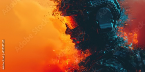 Vibrant digital artwork of a futuristic soldier in profile with neon colors and abstract background, evoking a sense of sci-fi and cyber warfare.