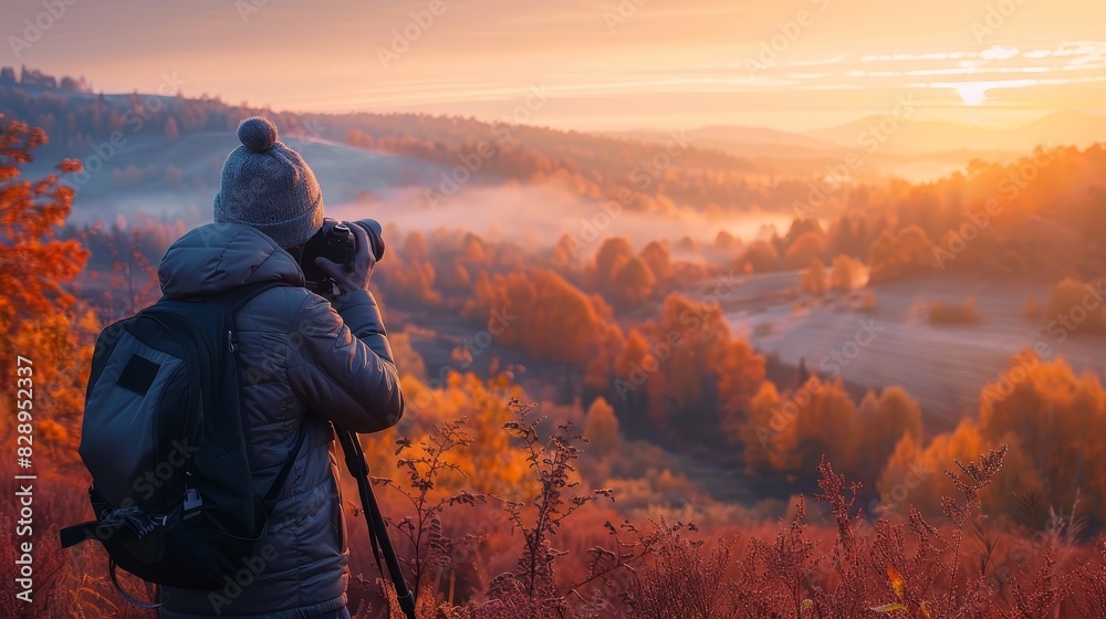 A photographer captures the autumn landscape at dawn A photographer captures the autumn landscape at dawn