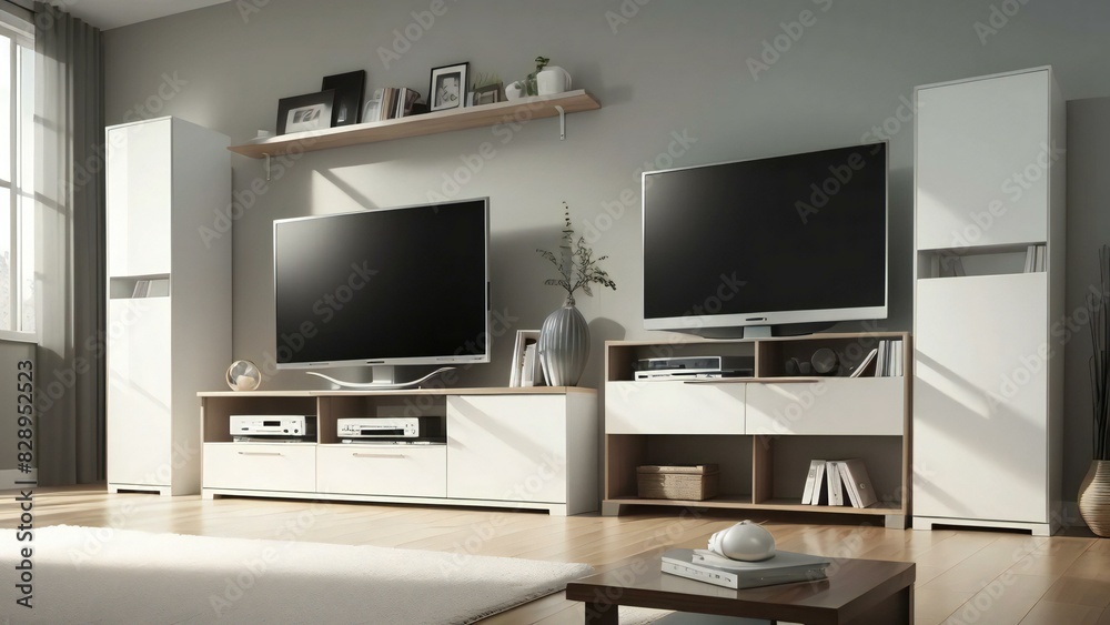 Contemporary home with a sleek entertainment system, white furniture, and warm natural lighting in a spacious and minimalist living room Contemporary home with a sleek entertainment system, white furniture, and warm natural lighting in a spacious and minimalist living room