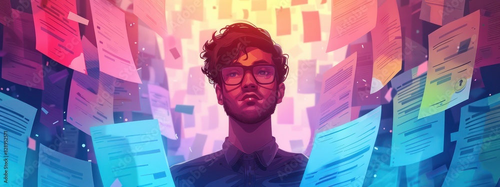 Young professional surrounded by floating documents and data, signifying digital overload and information management challenges. Young professional surrounded by floating documents and data, signifying digital overload and information management challenges.