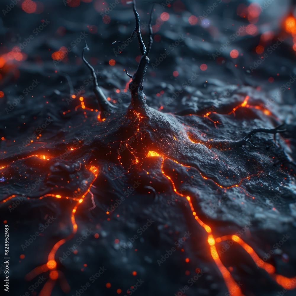 A dramatic close-up of molten lava flowing on a volcanic surface, emitting a fiery glow against the dark, rugged terrain. A dramatic close-up of molten lava flowing on a volcanic surface, emitting a fiery glow against the dark, rugged terrain.