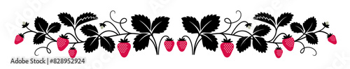 Decorative pattern or border with graphic strawberry plant illustration. Ripe summer berry background.