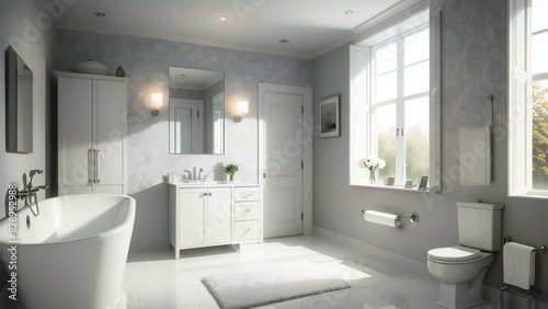Luxurious spacious bathroom featuring a freestanding bathtub  double sink vanity  and large windows with a serene outdoor view