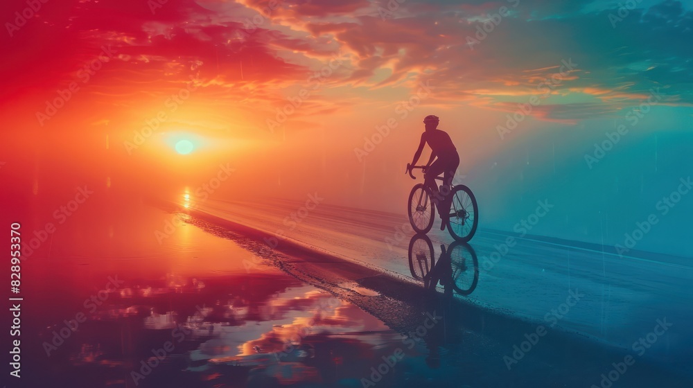 Fototapeta premium A silhouette of a cyclist riding into the colorful sunset, reflecting on a wet surface, creating a vibrant and serene atmosphere.