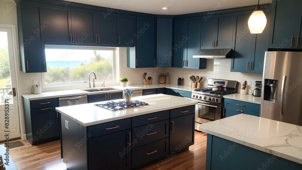 Elegant modern kitchen with dark blue cabinets, white countertops, stainless steel appliances, and a picturesque ocean view through large windows Elegant modern kitchen with dark blue cabinets, white countertops, stainless steel appliances, and a picturesque ocean view through large windows