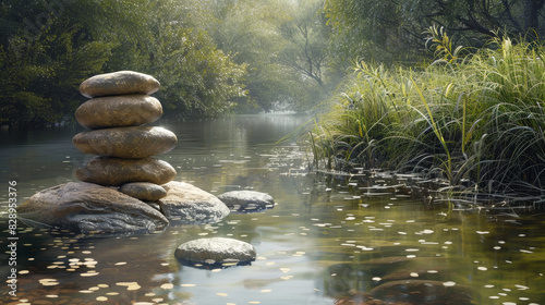 A series of rocks are stacked on top of each other in front of a body of water © Formoney