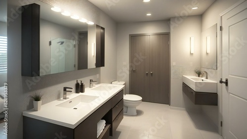 Contemporary bathroom with a double vanity  expansive mirrors  and modern design elements in a neutral color scheme