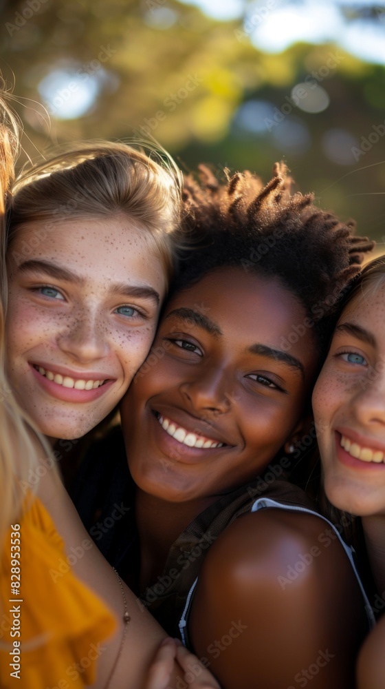 Fototapeta premium Diverse group of teenage friends standing closely together, smiling and embracing each other