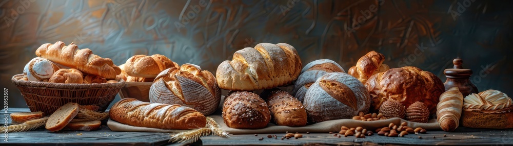 A variety of freshly baked artisan breads displayed on a rustic table, showcasing different textures and shapes against a dark background. A variety of freshly baked artisan breads displayed on a rustic table, showcasing different textures and shapes against a dark background.