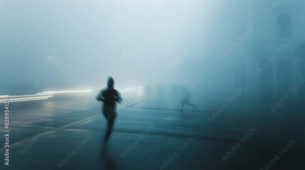 Running in the fog. A blurry figure runs through the fog on a city street at night.