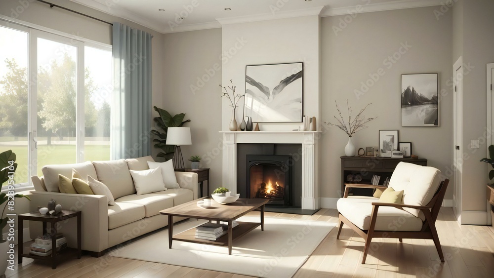 Inviting and chic living room with a glowing fireplace, contemporary decor, and a peaceful vista from generous windows Inviting and chic living room with a glowing fireplace, contemporary decor, and a peaceful vista from generous windows