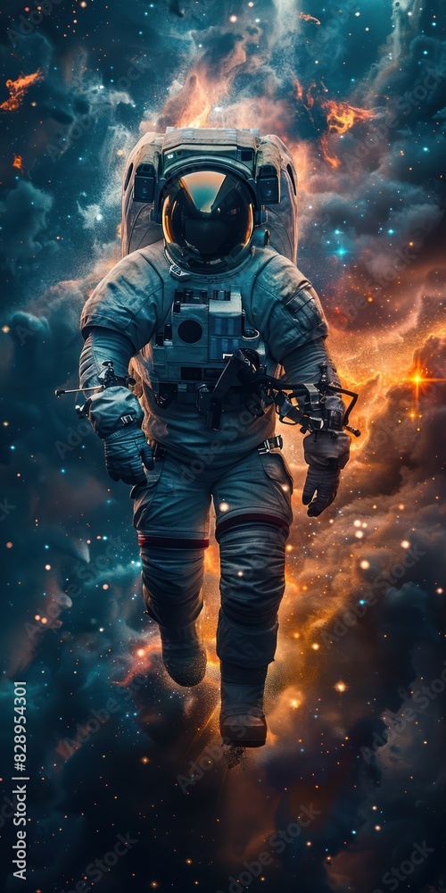 An astronaut floating in space with a stunning cosmic background, surrounded by stars and glowing nebulae, wearing a full spacesuit. An astronaut floating in space with a stunning cosmic background, surrounded by stars and glowing nebulae, wearing a full spacesuit.