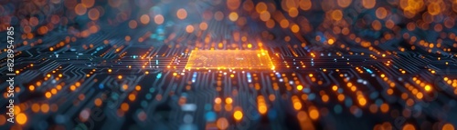 Close-up of a glowing microchip on a circuit board, showcasing advanced technology and microelectronics in a digital landscape. photo