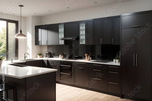 Stylish black kitchen featuring island  stainless steel appliances  and modern cabinets in a bright  open home environment
