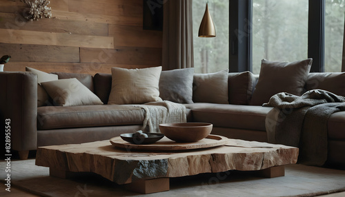 Cozy living room setting with a rustic wooden coffee table, comfortable sofas, and large windows overlooking the forest panorama