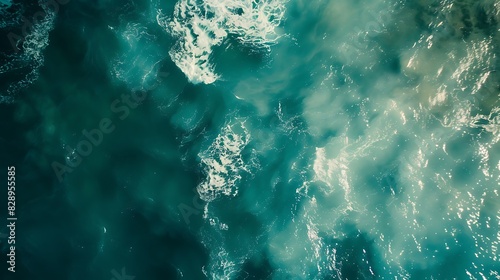 Aerial top down view of wavy ocean water with splashes and foam.