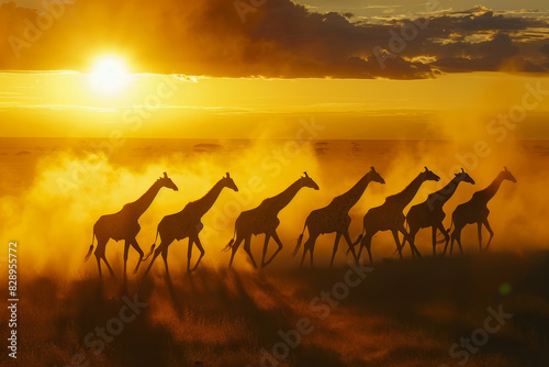 A herd of giraffes running across a field in the sun © Formoney