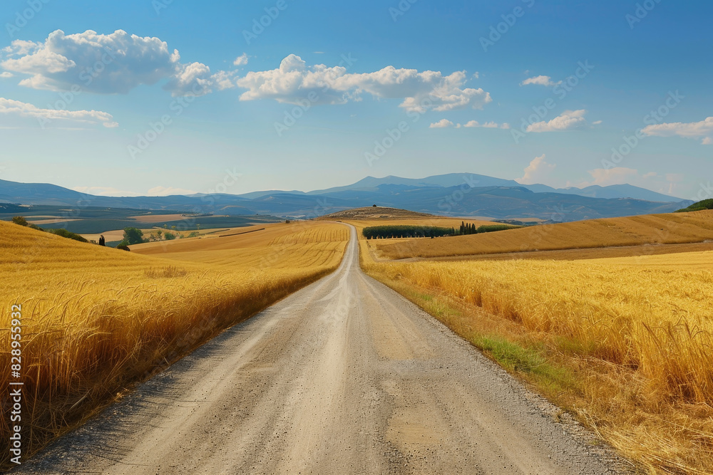 A road in the middle of a field with a clear blue sky A road in the middle of a field with a clear blue sky