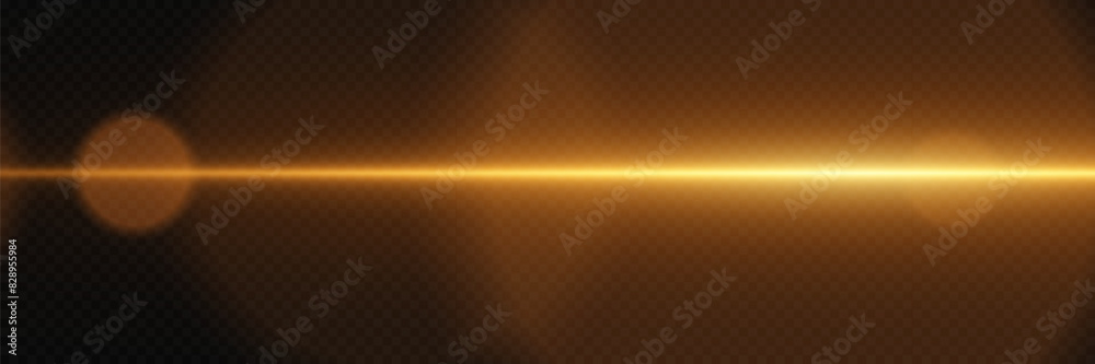 Golden explosion of glare. Magic neon light, horizontal beam. On a transparent background. Golden explosion of glare. Magic neon light, horizontal beam. On a transparent background.