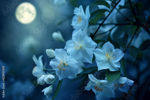 A close up of a flower with a full moon in the background