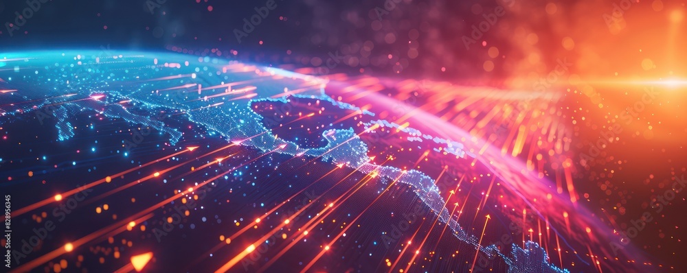 Digital representation of global connectivity with vibrant neon lights and technology lines illuminating a world map, showcasing network infrastructure. Digital representation of global connectivity with vibrant neon lights and technology lines illuminating a world map, showcasing network infrastructure.