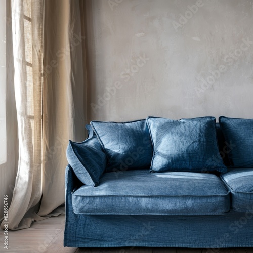 Blue Sofa by Stucco Wall with Window and Curtain