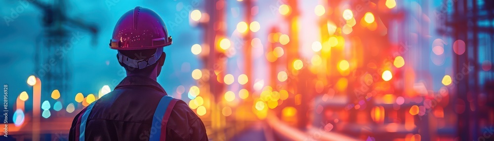 Obraz premium Engineer in hard hat observes illuminated industrial plant at dusk, highlighting energy production, technology, and infrastructure.
