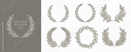 Laurel wreaths set. Elegant floral vintage round frames with branches and leaves. Vector illustration hand drawn 