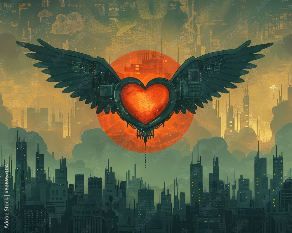 Obraz premium Futuristic digital artwork of a heart with wings over a dystopian cityscape, with a glowing orange sun in the background.