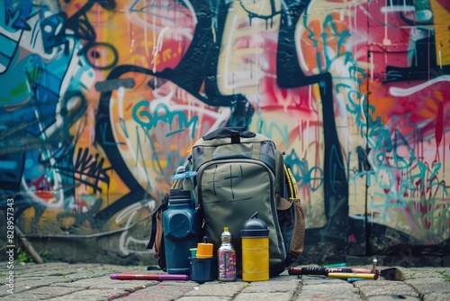A backpack with school supplies laid out in front of it including a lunch box and water bottle set against a graffiti covered wall