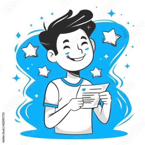 Happy student receiving good grades. Cartoon illustration of a cheerful boy reading his report card with stars in the background.