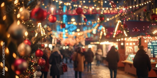An enchanting scene of a Christmas market with vibrant lights and decorations, capturing a joyful holiday atmosphere