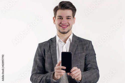 A young male manager confidently presenting a smartphone screen isolated against a white background