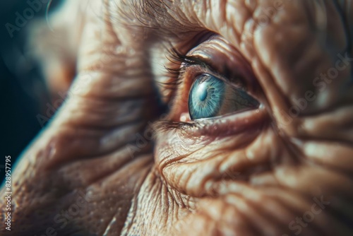 A detailed view of a senior woman eye with a cataract the slight opacity visible against the aging skin