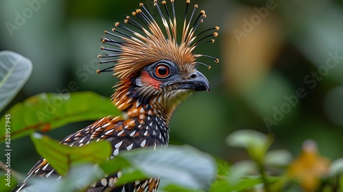 juvenile Hoatzin Opisthocomus hoazin with brown and white feathers and a spiky crest found in Peru South America photo